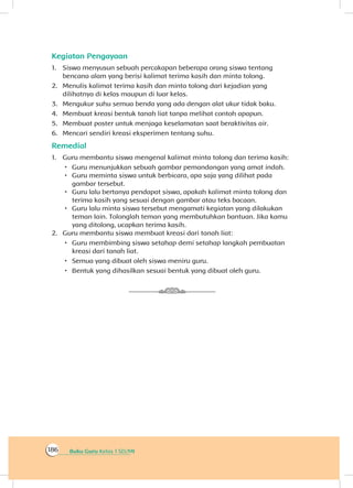 Buku Guru Kelas 1 SD/MI186
Kegiatan Pengayaan
1.	 Siswa menyusun sebuah percakapan beberapa orang siswa tentang
bencana alam yang berisi kalimat terima kasih dan minta tolong.
2.	 Menulis kalimat terima kasih dan minta tolong dari kejadian yang
dilihatnya di kelas maupun di luar kelas.
3.	 Mengukur suhu semua benda yang ada dengan alat ukur tidak baku.
4.	 Membuat kreasi bentuk tanah liat tanpa melihat contoh apapun.
5.	 Membuat poster untuk menjaga keselamat n saat beraktivitas air.
6.	 Mencari sendiri kreasi eksperimen tentang suhu.
Remedial
1.	 Guru membantu siswa mengenal kalimat minta tolong dan terima kasih:
 Guru menunjukkan sebuah gambar pemandangan yang amat indah.
 Guru meminta siswa untuk berbicara, apa saja yang dilihat pada
gambar tersebut.
 Guru lalu bertanya pendapat siswa, apakah kalimat minta tolong dan
terima kasih yang sesuai dengan gambar atau teks bacaan.
 Guru lalu minta siswa tersebut mengamati kegiatan yang dilakukan
teman lain. Tolonglah teman yang membutuhkan bantuan. Jika kamu
yang ditolong, ucapkan terima kasih.
2.	 Guru membantu siswa membuat kreasi dari tanah liat:
 Guru membimbing siswa setahap demi setahap langkah pembuatan
kreasi dari tanah liat.
 Semua yang dibuat oleh siswa meniru guru.
 Bentuk yang dihasilkan sesuai bentuk yang dibuat oleh guru.
a
 