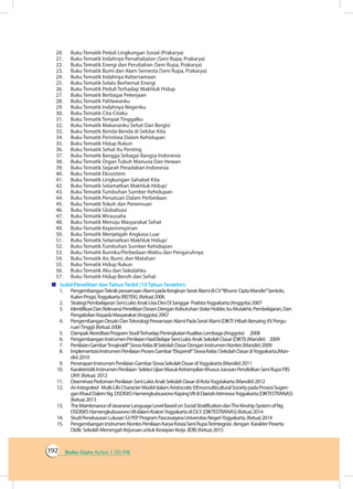 Buku Guru Kelas 1 SD/MI192
20.	 Buku Tematik Peduli Lingkungan Sosial (Prakarya)
21.	 Buku Tematik Indahnya Persahabatan (Seni Rupa, Prakarya)
22.	 Buku Tematik Energi dan Perubahan (Seni Rupa, Prakarya)
23.	 Buku Tematik Bumi dan Alam Semesta (Seni Rupa, Prakarya)
24.	 Buku Tematik Indahnya Kebersamaan
25.	 Buku Tematik Selalu Berhemat Energi
26.	 Buku Tematik Peduli Terhadap Makhluk Hidup
27.	 Buku Tematik Berbagai Pekerjaan
28.	 Buku Tematik Pahlawanku
29.	 Buku Tematik Indahnya Negeriku
30.	 Buku Tematik Cita-Citaku
31.	 Buku Tematik Tempat Tinggalku
32.	 Buku Tematik Makananku Sehat Dan Bergisi
33.	 Buku Tematik Benda-Benda di Sekitar Kita
34.	 Buku Tematik Peristiwa Dalam Kehidupan
35.	 Buku Tematik Hidup Rukun
36.	 Buku Tematik Sehat Itu Penting
37.	 Buku Tematik Bangga Sebagai Bangsa Indonesia
38.	 Buku Tematik Organ Tubuh Manusia Dan Hewan
39.	 Buku Tematik Sejarah Peradaban Indonesia
40.	 Buku Tematik Ekosistem
41.	 Buku Tematik Lingkungan Sahabat Kita
42.	 Buku Tematik Selamatkan Makhluk Hidup/
43.	 Buku Tematik Tumbuhan Sumber Kehidupan
44.	 Buku Tematik Persatuan Dalam Perbedaan
45.	 Buku Tematik Tokoh dan Penemuan
46.	 Buku Tematik Globalisasi
47.	 Buku Tematik Wirausaha
48.	 Buku Tematik Menuju Masyarakat Sehat
49.	 Buku Tematik Kepemimpinan
50.	 Buku Tematik Menjelajah Angkasa Luar
51.	 Buku Tematik Selamatkan Makhluk Hidup/
52.	 Buku Tematik Tumbuhan Sumber Kehidupan
53.	 Buku Tematik Bumiku/Perbedaan Waktu dan Pengaruhnya
54.	 Buku Tematik Air, Bumi, dan Matahari
55.	 Buku Tematik Hidup Rukun
56.	 Buku Tematik Aku dan Sekolahku
57.	 Buku Tematik Hidup Bersih dan Sehat
	 Judul Penelitian dan Tahun Terbit (10 Tahun Terakhir):
1.	 PengembanganTeknikpewarnaanAlamipadaKerajinanSeratAlamidiCV“Bhumi CiptaMandiri”Sentolo,
KulonProgo,Yogyakarta(RISTEK),(Ketua)2006
2.	 StrategiPembelajaranSeniLukisAnakUsiaDiniDiSanggar PratistaYogyakarta(Anggota)2007
3.	 IdentifikasiDanRelevansiPenelitianDosenDenganKebutuhanStakeHolder,IsuMutakhir,Pembelajaran,Dan
PengabdianKepadaMasyarakat(Anggota)2007
4.	 PengembanganDesainDanTeknologiPewarnaanAlamiPadaSeratAlami(DIKTI:HibahBersaingXVPergu-
ruanTinggi)(Ketua)2008
5.	 DampakAkreditasiProgramStudiTerhadapPeningkatanKualitasLembaga(Anggota)	 2008
6.	 PengembanganInstrumenPenilaianHasilBelajarSeniLukisAnakSekolahDasar(DIKTI)(Mandiri)	 2009
7.	 PenilaianGambar“Imajinatif”SiswaKelasIIISekolahDasarDenganInstrumenNontes(Mandiri)2009
8.	 ImplementasiInstrumenPenilaianProsesGambar“Ekspresif”SiswaKelasISekolahDasardiYogyakarta.(Man-
diri)2010
9.	 PenerapanInstrumenPenilaianGambarSiswaSekolahDasardiYogyakarta(Mandiri)2011
10.	 KarakteristikInstrumenPenilaian SeleksiUjianMasukKetrampilanKhususJurusanPendidikanSeniRupaFBS
UNY.(Ketua)	2012
11.	 DiseminasiPedomanPenilaianSeniLukisAnakSekolahDasardiKotaYogytakarta(Mandiri)2012
12.	 AnIntegrated Multi-LifeCharacterModeldalamAristocraticEthnomulticulturalSocietypadaProsesiSugen-
ganKhaulDalemNg.DSDISKSHamengkubuwonoKapingVIIdiDaerahIstimewaYogyakarta(DIKTI:STRANAS)
(Ketua)2013
13.	 TheMaintenanceofJavaneseLanguageLevelBasedonSocialStratificationdanTheKinshipSystemofNg.
DSDISKSHamengkubuwonoVIIdalamKratonYogyakartadiD.I.Y.(DIKTI:STRANAS)(Ketua)2014
14.	 StudiPenelusuranLulusanS3PEPProgramPascasarjanaUniversitasNegeriYogyakarta.(Ketua)2014
15.	 PengembanganInstrumenNontesPenilaianKaryaKreasiSeniRupaTerintegrasi dengan KarakterPeserta
Didik SekolahMenengahKejuruanuntukKesiapanKerja (IDB)(Ketua)2015
 