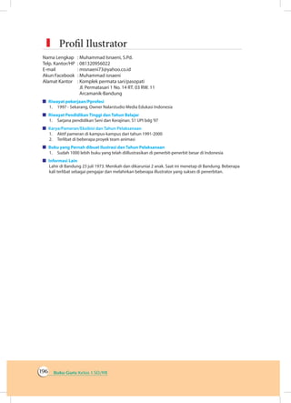 Buku Guru Kelas 1 SD/MI196
Nama Lengkap	 : Muhammad Isnaeni, S.Pd.
Telp. Kantor/HP	 : 081320956022
E-mail	 : misnaeni73@yahoo.co.id
Akun Facebook	 : Muhammad isnaeni
Alamat Kantor	 : Komplek permata sari/pasopati
	 Jl. Permatasari 1 No. 14 RT. 03 RW. 11
	 Arcamanik-Bandung
Riwayat pekerjaan/Pprofesi
1.	 1997 - Sekarang, Owner Nalarstudio Media Edukasi Indonesia
Riwayat Pendidikan Tinggi dan Tahun Belajar
1.	 Sarjana pendidikan Seni dan Kerajinan. S1 UPI bdg‘97
Karya/Pameran/Eksibisi dan Tahun Pelaksanaan
1.	 Aktif pameran di kampus-kampus dari tahun 1991-2000
2.	 Terlibat di beberapa proyek team animasi
Buku yang Pernah dibuat Ilustrasi dan Tahun Pelaksanaan
1.	 Sudah 1000 lebih buku yang telah diillustrasikan di penerbit-penerbit besar di Indonesia
Informasi Lain
Lahir di Bandung 23 juli 1973. Menikah dan dikaruniai 2 anak. Saat ini menetap di Bandung. Beberapa
kali terlibat sebagai pengajar dan melahirkan beberapa illustrator yang sukses di penerbitan.
	 Profil Ilustrator
 