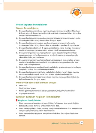 Subtema 1: Peristiwa Siang dan Malam 37
Uraian Kegiatan Pembelajaran
Tujuan Pembelajaran
1.	 Dengan kegiatan membaca nyaring, siswa mampu mengidentifikasikan
kalimat yang di dalamnya terdapat kosakata tentang peristiwa siang dan
malam hari dengan tepat.
2.	 Dengan kegiatan memasangkan gambar siswa mampu menyusun cerita
tentang peristiwa siang dan malam dengan tepat.
3.	 Dengan kegiatan merangkai gambar, siswa mampu menulis cerita
tentang peristiwa siang dan malam berdasarkan gambar dengan benar.
4.	 Dengan kegiatan bermain di lapangan sekolah, siswa mampu mengukur
panjang lapangan menggunakan satuan tidak baku dengan benar.
5.	 Dengan mengamati hasil pengukuran siswa dapat mengidentifikasi
persamaan dan perbedaan panjang benda dengan menggunakan alat
ukur tidak baku, secara benar.
6.	 Dengan mengamati hasil pengukuran, siswa dapat menentukan urutan
panjang benda berdasarkan hasil pengukuran menggunakan alat ukur
tidak baku dengan benar.
7.	 Dengan kegiatan melengkapi huruf pada kata, siswa mampu menuliskan
bunyi sila kelima Pancasila dengan benar.
8.	 Dengan kegiatan mencari kata pada kolom-kolom huruf, siswa mampu
menemukan kata untuk bunyi dan simbol sila kelima Pancasila.
9.	 Dengan kegiatan menggambar, siswa mampu menggambar simbol sila
kelima Pancasila dengan tepat.
Media/Alat Bantu dan Sumber Belajar
•	 Buku teks
•	 Hasil gambar siswa
•	 Kertas gambar/karton dan cat air/cat asturo/krayon/spidol warna
•	 Lapangan sekolah
Langkah-Langkah Kegiatan Pembelajaran
Kegiatan Pendahuluan
•	 Guru menyapa siswa dan mengondisikan kelas agar siap untuk belajar.
•	 Salah satu siswa diminta untuk memimpin doa.
•	 Guru mengingatkan siswa tentang pelajaran sebelumnya dan mengaitkan
dengan pelajaran yang akan disampaikan.
•	 Guru menjelaskan kegiatan yang akan dilakukan dan tujuan kegiatan
belajar.
 