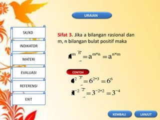 CONTOH
mnnmnm
aaa
63232
666
42222
333
Sifat 3. Jika a bilangan rasional dan
m, n bilangan bulat positif maka
URAIAN
SK/KD
INDIKATOR
MATERI
EVALUASI
REFERENSI
EXIT
LANJUTKEMBALI
 