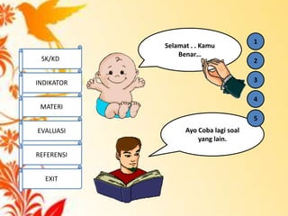Selamat . . Kamu
Benar…
Ayo Coba lagi soal
yang lain.
1
2
3
4
5
SK/KD
INDIKATOR
MATERI
EVALUASI
REFERENSI
EXIT
 