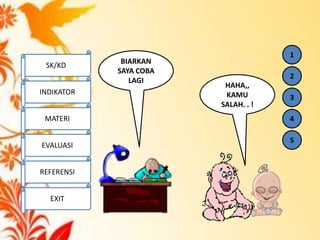 HAHA,,
KAMU
SALAH. . !
BIARKAN
SAYA COBA
LAGI
1
2
3
4
5
SK/KD
INDIKATOR
MATERI
EVALUASI
REFERENSI
EXIT
 