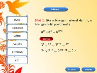 CONTOH
nmnm
aaa
94545
3333
25353
2222 )(
Sifat 1. Jika a bilangan rasional dan m, n
bilangan bulat positif maka
URAIAN
SK/KD
INDIKATOR
MATERI
EVALUASI
REFERENSI
EXIT
LANJUTKEMBALI
 