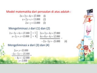 Model matematika dari persoalan di atas adalah : 
Mengeliminasi z dari (1) dan (2) 
Mengeliminasi x dari (3) dan (4) 
 