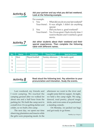 Ask your partner and say what you did last weekend. 
Look at the following example. 
For example: 
1. You : What did you do on your last weekend? 
Your friend : It was alright. I didn't do anything 
Ask other students about their weekend and their 
special experiences. Then complete the following 
table with different names. 
Read aloud the following text. Pay attention to your 
pronunciation and intonation. Study the events. 
It's Nice to See You 11 
Name 
Deni 
Time/When? 
Sunday afternoon 
Special Events 
He made a goal. 
No. 
1. 
2. 
3. 
4. 
5. 
Activities 
Played football 
special. 
2. You : Did you have a good weekend? 
Your friend : Yes. It was great. I had a lovely time. I 
went to theatre and I watched a great 
movie. 
Last weekend, my friends and 
I went camping. We reached the 
camping ground after we walked for 
about one and a half hour from the 
parking lot. We built the camp next to 
a small river. It was getting darker and 
colder, so we built a fire camp. 
The next day, we spent our time 
observing plantation and insects while 
the girls were preparing meals. In the 
afternoon we went to the river and 
caught some fish for supper. At night, 
we held a fire camp night. We sang, 
danced, read poetry, played magic 
tricks, and even some of us performed 
a standing comedy. 
On Monday, we packed our bags 
and got ready to go home. 
Text by Agus Molgana 
Activity 6 
Activity 7 
Activity 8 
 