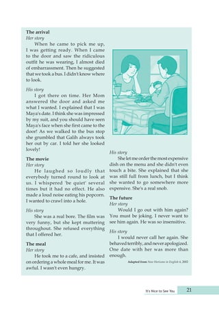 It's Nice to See You 21 
The arrival 
Her story 
When he came to pick me up, 
I was getting ready. When I came 
to the door and saw the ridiculous 
outfit he was wearing, I almost died 
of embarrassment. Then he suggested 
that we took a bus. I didn't know where 
to look. 
His story 
I got there on time. Her Mom 
answered the door and asked me 
what I wanted. I explained that I was 
Maya's date. I think she was impressed 
by my suit, and you should have seen 
Maya's face when she first came to the 
door! As we walked to the bus stop 
she grumbled that Galih always took 
her out by car. I told her she looked 
lovely! 
The movie 
Her story 
He laughed so loudly that 
everybody turned round to look at 
us. I whispered 'be quiet' several 
times but it had no effect. He also 
made a loud noise eating his popcorn. 
I wanted to crawl into a hole. 
His story 
She was a real bore. The film was 
very funny, but she kept muttering 
throughout. She refused everything 
that I offered her. 
The meal 
Her story 
He took me to a cafe, and insisted 
on ordering a whole meal for me. It was 
awful. I wasn't even hungry. 
His story 
She let me order the most expensive 
dish on the menu and she didn't even 
touch a bite. She explained that she 
was still full from lunch, but I think 
she wanted to go somewhere more 
expensive. She's a real snob. 
The future 
Her story 
Would I go out with him again? 
You must be joking. I never want to 
see him again. He was so insensitive. 
His story 
I would never call her again. She 
behaved terribly, and never apologized. 
One date with her was more than 
enough. 
Adapted from New Horizons in English 4, 2002 
 