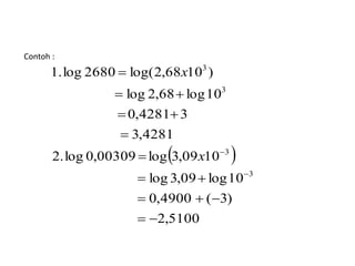 Contoh : 
1.log 2680 log(2,68 10 ) 
3 
 
  
log 2,68 log10 
  
0,4281 3 
3,4281 
  
2.log 0,00309  
log 3,09 10 
  
log 3,09 log10 
   
0,4900 ( 3) 
2,5100 
3 
3 
3 
  
 
 
 x 
x 
 