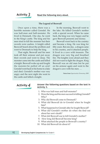 Read the following story aloud. 
Once upon a time, there was a 
horrible monster called Grendel. He 
was half-man and half-monster. He 
lived in Denmark. One day, he went 
to the King's castle. The king and his 
men tried to kill the monster but their 
swords were useless. A knight called 
Beowulf heard about the problem and 
went to Denmark to help the king. 
That night, Beowulf and his men 
took off their armour and put away 
their swords and went to sleep. The 
monster came into the castle and killed 
a knight. Beowulf woke up and fought 
the monster-he pulled off an arm! 
Grendel went back to his home in a lake 
and died. Grendel's mother was very 
angry and the next night she went to 
the castle and killed a knight. 
92 Developing English Competencies for Grade X 
In the morning, Beowulf went to 
the lake. He killed Grendel's mother 
with a special sword. When he came 
back, the king was very happy and he 
gave Beowulf presents and money. 
Beowulf went back to his country 
and became a king. He was king for 
fifty years. But one day, a dragon came 
to his country, and it attacked people. 
It lived in a cave with treasure. The 
dragon was very big and breathed 
fire. The knights were afraid and they 
did not want to fight the dragon. King 
Beowulf was an old man but he put 
on his armour again and went to the 
dragon's cave with his men. … 
Taken from Opportunities Elementary, 2003 
The Legend of Beowulf 
Answer the following questions based on the text in 
Activity 3. 
1. Who was half-man and half-monster? 
2. Were the king and his men succeed in killing Grendel? 
Why? 
3. Why did Beowulf come to Denmark? 
4. What did Beowulf do to Grendel when he fought 
him? 
5. What happened to Grendel after he fought Beowulf? 
6. What did Grendel's mother do when she find out 
about her son's death? 
7. What did Beowulf use to kill Grendel's mother? 
8. How long did Beowulf become king? 
9. What attacked the people in Beowulf's country? 
10. What did Beowulf do about it? 
Activity 3 
Activity 4 
 