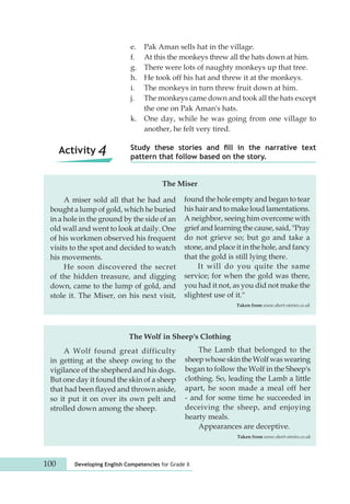 e. Pak Aman sells hat in the village. 
f. At this the monkeys threw all the hats down at him. 
g. There were lots of naughty monkeys up that tree. 
h. He took off his hat and threw it at the monkeys. 
i. The monkeys in turn threw fruit down at him. 
j. The monkeys came down and took all the hats except 
the one on Pak Aman's hats. 
k. One day, while he was going from one village to 
another, he felt very tired. 
Study these stories and fill in the narrative text 
pattern that follow based on the story. Activity 4 
The Miser 
A miser sold all that he had and 
bought a lump of gold, which he buried 
in a hole in the ground by the side of an 
old wall and went to look at daily. One 
of his workmen observed his frequent 
visits to the spot and decided to watch 
his movements. 
He soon discovered the secret 
of the hidden treasure, and digging 
down, came to the lump of gold, and 
stole it. The Miser, on his next visit, 
found the hole empty and began to tear 
his hair and to make loud lamentations. 
A neighbor, seeing him overcome with 
grief and learning the cause, said, "Pray 
do not grieve so; but go and take a 
stone, and place it in the hole, and fancy 
that the gold is still lying there. 
The Wolf in Sheep's Clothing 
100 Developing English Competencies for Grade X 
It will do you quite the same 
service; for when the gold was there, 
you had it not, as you did not make the 
slightest use of it." 
Taken from www.short-stories.co.uk 
A Wolf found great difficulty 
in getting at the sheep owing to the 
vigilance of the shepherd and his dogs. 
But one day it found the skin of a sheep 
that had been flayed and thrown aside, 
so it put it on over its own pelt and 
strolled down among the sheep. 
The Lamb that belonged to the 
sheep whose skin the Wolf was wearing 
began to follow the Wolf in the Sheep's 
clothing. So, leading the Lamb a little 
apart, he soon made a meal off her 
- and for some time he succeeded in 
deceiving the sheep, and enjoying 
hearty meals. 
Appearances are deceptive. 
Taken from www.short-stories.co.uk 
 