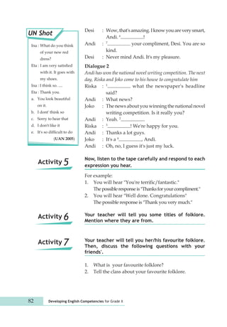 Desi : Wow, that's amazing. I know you are very smart, 
Andi. 6 ! 
Andi : 7 your compliment, Desi. You are so 
kind. 
Desi : Never mind Andi. It's my pleasure. 
Dialogue 2 
Andi has won the national novel writing competition. The next 
day, Riska and Joko come to his house to congratulate him 
Riska : 1 what the newspaper's headline 
said? 
Andi : What news? 
Joko : The news about you winning the national novel 
writing competition. Is it really you? 
Andi : Yeah. 2 . 
Riska : 3 ! We're happy for you. 
Andi : Thanks a lot guys. 
Joko : It's a 4 , Andi. 
Andi : Oh, no, I guess it's just my luck. 
Now, listen to the tape carefully and respond to each 
expression you hear. 
For example: 
1. You will hear "You're terrific/fantastic." 
The possible response is "Thanks for your compliment." 
2. You will hear "Well done. Congratulations" 
The possible response is "Thank you very much." 
Your teacher will tell you some titles of folklore. 
Mention where they are from. 
Your teacher will tell you her/his favourite folklore. 
Then, discuss the following questions with your 
friends'. 
1. What is your favourite folklore? 
2. Tell the class about your favourite folklore. 
UN Shot 
Ina : What do you think 
of your new red 
dress? 
Eta : I am very satisfied 
with it. It goes with 
my shoes. 
Ina : I think so. .... 
Eta : Thank you. 
a. You look beautiful 
on it. 
b. I dont' think so 
c. Sorry to hear that 
d. I don't like it 
e. It's so difficult to do 
(UAN 2005) 
Activity 5 
Activity 6 
Activity 7 
82 Developing English Competencies for Grade X 
 