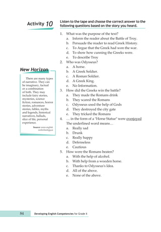 Listen to the tape and choose the correct answer to the 
following questions based on the story you heard. 
1. What was the purpose of the text? 
a. Inform the reader about the Battle of Troy. 
b. Persuade the reader to read Greek History. 
c. To Argue that the Greek had won the war. 
d. To show how cunning the Greeks were. 
e. To describe Troy 
2. Who was Odysseus? 
a. A horse. 
b. A Greek Soldier. 
c. A Roman Soldier. 
d. A Greek King. 
e. No Information. 
3. How did the Greeks win the battle? 
a. They made the Romans drink 
b. They scared the Romans 
c. Odysseus used the help of Gods 
d. They destroyed the city gate 
e. They tricked the Romans 
4. … in the form of a "Horse Statue" were overjoyed 
The underlined word means… 
a. Really sad 
b. Drunk 
c. Really happy 
d. Defenseless 
e. Cautious 
5. How were the Romans beaten? 
a. With the help of alcohol. 
b. With help from a wooden horse. 
c. Thanks to Odysseus's Idea. 
d. All of the above. 
e. None of the above. 
Activity 10 
New Horizon 
There are many types 
of narrative. They can 
be imaginary, factual 
or a combination 
of both. They may 
include fairy stories, 
mysteries, science 
fiction, romances, horror 
stories, adventure 
stories, fables, myths 
and legends, historical 
narratives, ballads, 
slice of life, personal 
experience. 
Source: www.english. 
unitechnology.ac 
84 Developing English Competencies for Grade X 
 