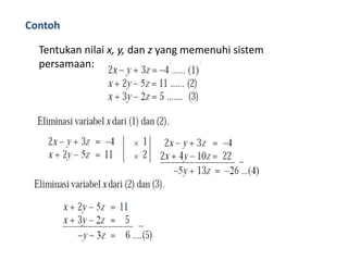Contoh 
Tentukan nilai x, y, dan z yang memenuhi sistem 
persamaan: 
 