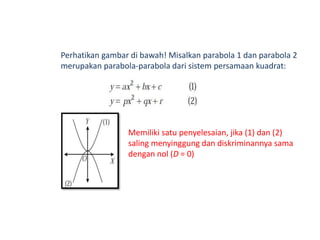 Perhatikan gambar di bawah! Misalkan parabola 1 dan parabola 2 
merupakan parabola-parabola dari sistem persamaan kuadrat: 
Memiliki satu penyelesaian, jika (1) dan (2) 
saling menyinggung dan diskriminannya sama 
dengan nol (D = 0) 
 