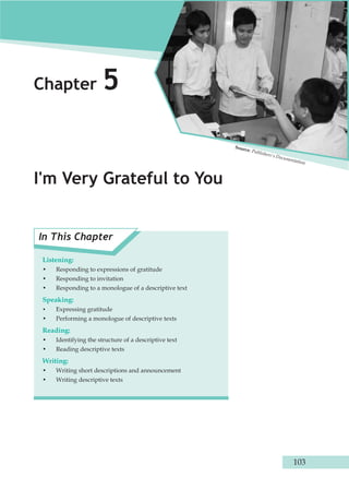Chapter 5 
I'm Very Grateful to You 
In This Chapter 
Listening: 
• Responding to expressions of gratitude 
• Responding to invitation 
• Responding to a monologue of a descriptive text 
Speaking: 
• Expressing gratitude 
• Performing a monologue of descriptive texts 
Reading: 
• Identifying the structure of a descriptive text 
• Reading descriptive texts 
Writing: 
• Writing short descriptions and announcement 
• Writing descriptive texts 
Source: Publishers's Documentation 
103 
 