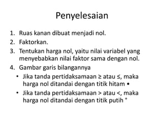 Penyelesaian 
1. Ruas kanan dibuat menjadi nol. 
2. Faktorkan. 
3. Tentukan harga nol, yaitu nilai variabel yang 
menyebabkan nilai faktor sama dengan nol. 
4. Gambar garis bilangannya 
• Jika tanda pertidaksamaan ≥ atau ≤, maka 
harga nol ditandai dengan titik hitam • 
• Jika tanda pertidaksamaan > atau <, maka 
harga nol ditandai dengan titik putih ° 
 