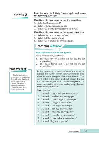Read the news in Activity 7 once again and answer 
the following questions. 
Questions 1 to 3 are based on the first news item. 
1. Who had been arrested? 
2. What is the person accused of? 
3. What was told to the reporter of the news? 
Questions 4 to 6 are based on the second news item. 
4. When was the rumours confirmed. 
5. What did the person know? 
6. What was found in the meeting room? 
Headline News 145 
Activity 8 
Grammar Review 
Reported Speech and Direct Speech 
Study the following sentences. 
1. The truck driver said he did not see the car 
approaching. 
2. The truck driver said, "I do not see the car 
approaching." 
Sentence number 1 is a reported speech and sentence 
number 2 is a direct speech. Reported speech is used 
when we want to report what someone said. The 
word order is the same as direct speech but we 
don't use certain punctuation as indirect speech. The 
tenses in reported speech normally change. Look at 
the following examples: 
Direct Speech 
1. He said, "I buy a newspaper every day." 
2. He said, "I am buying a newspaper." 
3. He said, "I have bought a newspaper." 
4. He said, "I bought a newspaper." 
5. He said, "I will buy a newspaper." 
6. He said, "I can buy a newspaper." 
7. He said, "I may buy a newspaper." 
8. He said, "I must buy a newspaper." 
9. He said, "I have to buy a newspaper." 
10. He said, "Buy a newspaper." 
Your Project 
Find an article in a 
newspaper or magazine. 
Then identify the direct 
speeches on it and 
change them into a 
reported speeches. 
Compare your work 
with your friends. 
 