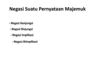 Negasi Suatu Pernyataan Majemuk 
- Negasi Konjungsi 
- Negasi Disjungsi 
- Negasi Implikasi 
- Negasi Biimplikasi 
 
