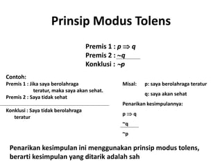 Prinsip Modus Tolens 
Premis 1 : p  q 
Premis 2 : q 
Konklusi : p 
Contoh: 
Premis 1 : Jika saya berolahraga 
teratur, maka saya akan sehat. 
Premis 2 : Saya tidak sehat 
Konklusi : Saya tidak berolahraga 
teratur 
Misal: p: saya berolahraga teratur 
q: saya akan sehat 
Penarikan kesimpulannya: 
p  q 
~q 
~p 
Penarikan kesimpulan ini menggunakan prinsip modus tolens, 
berarti kesimpulan yang ditarik adalah sah 
 