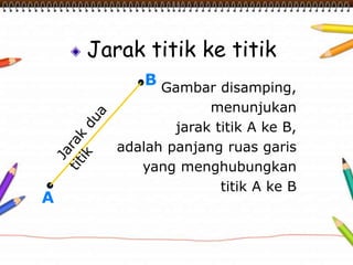 Jarak titik ke titik 
Gambar disamping, 
menunjukan 
jarak titik A ke B, 
adalah panjang ruas garis 
yang menghubungkan 
titik A ke B 
A 
B 
 