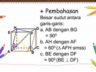 Pembahasan 
Besar sudut antara 
garis-garis: 
a. AB dengan BG 
= 900 
b. AH dengan AF 
= 600 (Δ AFH smss) 
c. BE dengan DF 
= 900 (BE  DF) 
H 
E F 
D C 
A B 
G 
 