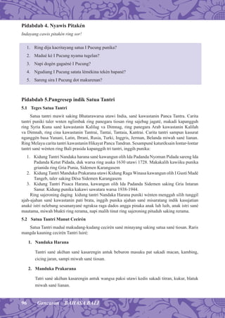 96 Gancaran BAHASA BALI
Pidabdab 4. Nyawis Pitakén
Indayang cawis pitakén ring sor!
1. Ring dija kacritayang satua I Pucung punika?
2. Madué ké I Pucung nyama tugelan?
3. Napi dogén gagaéné I Pucung?
4. Ngudiang I Pucung satata lémékina tekén bapané?
5. Sareng sira I Pucung dot makurenan?
Pidabdab 5.Pangresep indik Satua Tantri
5.1 Teges Satua Tantri
Satua tantri mawit saking Bhatarawarsa utawi India, sané kawastanin Panca Tantra. Carita
tantri puniki taler wnten nglimbak ring panegara tiosan ring sajebag jagaté, makadi kapangguh
ring Syria Kuna sané kawastanin Kalilag va Dimnag, ring panegara Arab kawastanin Kalilah
va Dimnah, ring cina kawastanin Tantrai, Tantai, Tantaia, Kantrai. Carita tantri sampun kasurat
nganggén basa Yunani, Latin, Ibrani, Rusia, Turki, Inggris, Jerman, Belanda miwah sané lianan.
Ring Melayu carita tantri kawastanin Hikayat Panca Tandran. Sesampuné katuréksain lontar-lontar
tantri sané wénten ring Bali prasida kapanggih tri tantri, inggih punika:
1. Kidung Tantri Nandaka harana sané kawangun olih Ida Padanda Nyoman Pidada sareng Ida
Padanda Ketut Pidada, duk warsa ring asaka 1630 utawi 1728. Makakalih kawiiku punika
grianida ring Gria Punia, Sidemen Karangasem
2. Kidung Tantri Manduka Prakarana utawi Kidung Raga Winasa kawangun olih I Gusti Madé
Tangeb, taler saking Désa Sidemen Karangasem
3. Kidung Tantri Pisaca Harana, kawangun olih Ida Padanda Sidemen saking Gria Intaran
Sanur. Kidung punika kakawi sawatara warsa 1938-1944.
Ring sajeroning daging kidung tantri Nandaka Harana puniki wénten menggah silih tunggil
ajah-ajahan sané kawastanin pati brata, inggih punika ajahan sané misaratang indik kasujatian
anaké istri nelebang sesananyané ngraksa raga dados angga pinaka anak luh luih, anak istri sané
mautama, miwah bhakti ring rerama, napi malih tinut ring sajeroning pituduh saking rerama.
5.2 Satua Tantri Manut Cecirén
Satua Tantri madué makudang-kudang cecirén sané minayang saking satua sané tiosan. Raris
mangda kauning cecirén Tantri luiré:
1. Nandaka Harana
Tantri sané akéhan sané kasarengin antuk beburon masuku pat sakadi macan, kambing,
cicing jaran, sampi miwah sané tiosan.
2. Manduka Prakarana
Tatri sané akéhan kasarengin antuk wangsa paksi utawi kedis sakadi titran, kukur, blatuk
miwah sané lianan.
 