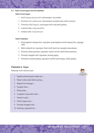 117BAHASA BALI Dharma Wacana
5.2 Imba Sesawangan miwah Pepindan
Imba Sesawangan
1. Kadi tunjung tan pawarih, suksmanipun: layu dudus.
2. Kemikané luir madu juruh, suksmanipun: kemikan ipun manis nyunyur.
3. Pamuluné kadi langsat, sasawangan kulit sané putih gading.
4. Lamisné buka céngceng kebés.
5. Galakné alah cicing borosan.
Imba Pepindan
1. Panyingakané nunjung biru, tegesipun: panyingakané mirib tunjung biru, nganggé
cilak.
2. Boké malayah alu, tegesipun: boké mirib layah alu masepak muncukipun.
3. Prarainé mulan purnama, tegesipun: bunter miwah sakadi bulan purnama.
4. Pusungé nunggah suah, tegesipun: pusung jegjeg.
5. Pamuluné nyandat gading, tegesipun: kulitné kadi bungan sandat gading.
Pidabdab 6. Tugas
Indayang rereh suksman ipun
1. Ngasih-asih kadi paksi tadah asih ...
2. Pipiné waluya kadi durén ajuring ...
3. Ragané luir minangsi ...
4. Nengkik buka ...
5. Paling buka ...
6. Cunguhné manyambu rakta ...
7. Pupuné nyujén ...
8. Palané jegjeg nraju ...
9. Pusungé nunggah suah ...
10. Siratmaya ngampid triti ...
 