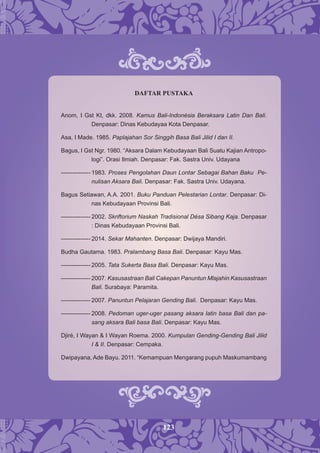 123
DAFTAR PUSTAKA
Anom, I Gst Kt, dkk. 2008. Kamus Bali-Indonésia Beraksara Latin Dan Bali.
Denpasar: Dinas Kebudayaa Kota Denpasar.
Asa, I Made. 1985. Paplajahan Sor Singgih Basa Bali Jilid I dan II.
Bagus, I Gst Ngr. 1980. “Aksara Dalam Kebudayaan Bali Suatu Kajian Antropo-
logi”. Orasi Ilmiah. Denpasar: Fak. Sastra Univ. Udayana
--------------- 1983. Proses Pengolahan Daun Lontar Sebagai Bahan Baku Pe-
nulisan Aksara Bali. Denpasar: Fak. Sastra Univ. Udayana.
Bagus Setiawan, A.A. 2001. Buku Panduan Pelestarian Lontar. Denpasar: Di-
nas Kebudayaan Provinsi Bali.
--------------- 2002. Skriftorium Naskah Tradisional Désa Sibang Kaja. Denpasar
: Dinas Kebudayaan Provinsi Bali.
--------------- 2014. Sekar Mahanten. Denpasar: Dwijaya Mandiri.
Budha Gautama. 1983. Pralambang Basa Bali. Denpasar: Kayu Mas.
--------------- 2005. Tata Sukerta Basa Bali. Denpasar: Kayu Mas.
--------------- 2007. Kasusastraan Bali Cakepan Panuntun Mlajahin Kasusastraan
Bali. Surabaya: Paramita.
--------------- 2007. Panuntun Pelajaran Gending Bali. Denpasar: Kayu Mas.
--------------- 2008. Pedoman uger-uger pasang aksara latin basa Bali dan pa-
sang aksara Bali basa Bali. Denpasar: Kayu Mas.
Djiré, I Wayan & I Wayan Roema. 2000. Kumpulan Gending-Gending Bali Jilid
I & II. Denpasar: Cempaka.
Dwipayana, Ade Bayu. 2011. “Kemampuan Mengarang pupuh Maskumambang
 