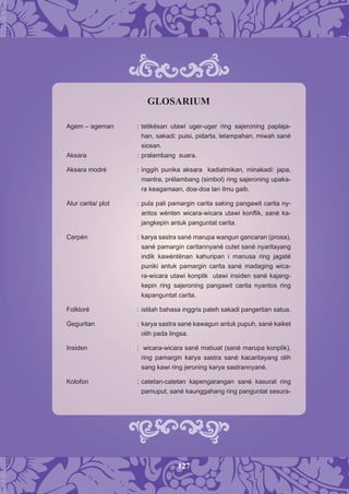 127
GLOSARIUM
Agem – ageman : tetikésan utawi uger-uger ring sajeroning paplaja-
han, sakadi: puisi, pidarta, lelampahan, miwah sané
siosan.
Aksara : pralambang suara.
Aksara modré : inggih punika aksara kadiatmikan, minakadi: japa,
mantra, prélambang (simbol) ring sajeroning upaka-
ra keagamaan, doa-doa lan ilmu gaib.
Alur carita/ plot : pula pali pamargin carita saking pangawit carita ny-
antos wénten wicara-wicara utawi konﬂik, sané ka-
jangkepin antuk panguntat carita.
Cerpén : karya sastra sané marupa wangun gancaran (prosa),
sané pamargin caritannyané cutet sané nyaritayang
indik kawéntënan kahuripan i manusa ring jagaté
puniki antuk pamargin carita sané madaging wica-
ra-wicara utawi konplik utawi insiden sané kajang-
kepin ring sajeroning pangawit carita nyantos ring
kapanguntat carita.
Folkloré : istilah bahasa inggris pateh sakadi pangertian satua.
Geguritan : karya sastra sané kawagun antuk pupuh, sané kaiket
olih pada lingsa.
Insiden : wicara-wicara sané mabuat (sané marupa konplik),
ring pamargin karya sastra sané kacaritayang olih
sang kawi ring jeroning karya sastrannyané.
Kolofon : catetan-catetan kapengarangan sané kasurat ring
pamuput, sané kaunggahang ring panguntat sesura-
 