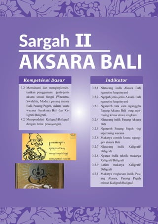 Sargah II
AKSARA BALI
Kompeténsi Dasar Indikator
3.2 Memahami dan menginplemén-
tasikan penggunaan jenis-jenis
aksara sesuai fungsi (Wreastra,
Swalalita, Modre), pasang aksara
Bali, Pasang Pageh, dalam suatu
wacana beraksara Bali dan Ka-
ligraﬁ/Baligraﬁ.
4.2 Memproduksi Kaligraﬁ/Baligraﬁ
dengan tema pewayangan.
3.2.1 Nlatarang indik Aksara Bali
nganutin fungsinyané
3.2.2 Ngepah jenis-jenis Aksara Bali
nganutin fungsinyané
3.2.3 Ngarereh tata cara nganggén
Pasang Aksara Bali ring saje-
roning kruna utawi lengkara
3.2.4 Nlatarang indik Pasang Aksara
Bali
3.2.5 Ngerereh Pasang Pageh ring
sajeroning wacana
3.2.6 Makarya contoh kruna ngang-
gén aksara Bali
3.2.7 Nlatarang indik Kaligraﬁ/
Baligraﬁ
3.2.8 Nyarca indik teknik makarya
Kaligraﬁ/Baligraﬁ
3.2.9 Latian makarya Kaligraﬁ/
Baligraﬁ
4.2.1 Makarya ringkesan indik Pas-
ang Aksara, Pasang Pageh
miwah Kaligraﬁ/Baligraﬁ
 