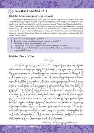 10 Aksara Bali BAHASA BALI
Palajahan 1 AKSARA BALI
Pidabdab 1. Ngwangun pangresep (Apersepsi)
Malajah Basa Bali tiosan mlajin basan ipun naler wenten paplajahan aksara Bali. Basa Bali
yan rereh ring sajeroning basa daerah ring Indonesia ngranjing silih tunggil basa sané pinih sugih
antuk kruna utawi kosa kata naler maimbuh nruenang aksara. Nénten sami basa madrué aksara.
Aksara Bali sampun wénten duké nguni mapangawit saking kawéntenan aksara Pallawa → aksara
Semi Pallawa → Kediri Kwadrat → Aksara Jawa nyantos dados Aksara Bali. Aksara Bali akeh
madrué soroh aksara, wenten sané kaanggén nyuratang basa Bali lumrah nyantos sané ketahnyané
kaanggén nyuratang basa tiosan. Sadurung nglantur mlajahin indik punika, indayang alit-alité
nyawis pitakén ring sor!
1. Sira sané naenin manggihin aksara Bali ?
2. Ring dija prasida manggihin sasuratan nganggé aksara Bali ?
3. Naenin ké ngwacén sasuratan aksara Bali?
4. Napi pikobet alit-alit ritatkala ngwacén sasuratan nganggén aksara Bali?
5. Mangda uning pikobet ritatkala ngwacén aksara Bali, indayang wacén dumun wacana
maaksara Bali ring sor!
Pidabdab 2.Ngwacén Téks
ip)r*¾bZé(ÿ¾,
sj)eRÿn&¾buln¾ÀgusÓ¡s/,1868,s)m%¾pisn¾Ð|l/¾bÞnÑensomæun/mc*¾
c*¾r&¾sogrenÑ]bZéÿerhnÓ¡k¾ßømis/.r&¾bZé(ÿ¾sÙrn¾Ð¡lÐ¡elbulus/,ktu
rin¾ÀnÓ¡ek¾Ñ]ed]en,sk&¾kin¾Éwu;¾kwu;¾ked]keLÿpk×sl&¾tm®¡in/
. hødeZÿomn¾å¡r;¾s endeDÿes¾ŠNÿptø,ksÏien¾Àolø;¾rkenhødm
eŒrhø,khør&¾hnÓ¡k¾æÉjurietsmi.hødeZÿomn¾å¡r;¾mkÉyg)l(¾hud*¾.pÉju
rietsensk&¾ed]ed]dwu;¾tukd¾ßnÑhum/,mbris¾Šk&¾kel(¾,mirib¾Ó¡k
d¾ßnÑhum/,rwu;¾k)eLÿd¾É&¾gŒu*¾rup)k/.sendeDÿs¾æeoÏg¾À¡twipenÓ$¾,
hødk)tuet¾Ójsk&¾ed]ÏxÒøkøt/,klø;¾hødbgus¾Ðel(¾sk&¾ed]kyupuyø
;¾.pÉjurietsensk&¾ed]ed]pgunun/,sk&¾kin¾ßirig¾Ó¡kd¾Ómæ)kn/,s
k&¾kel(¾rwu;¾k)eLÿd¾É&¾subk¾ãturZÇÿ*¾.sendeDÿs¾æent$¾hødputuegelá
l/,miw;¾hødg)eŒrá,pÉjuriet¾Ñ]bZé(ÿ¾,bZé(ÿ¾t)go,bZé(ÿ¾s)k(,bZé(ÿ¾
kløy)t/,bZé(ÿ¾dwn/,ejÉohZ(ÿ¾,tá¡eWÿyêpunikd*¾musu;¾r&¾bZé(ÿ¾
hmã)n/,sk&¾tukd/ ey;¾pn)s¾å)eLÿd*¾.sendeDÿs¾æenÓ$¾mkesn op
tøhødeZÿomn¾å¡r;¾,hødmeŒkmsn/,miw;¾høded.
kk)tus¾Šk&¾widê}ÿsÓË,2,6s/6m/Áiy
 