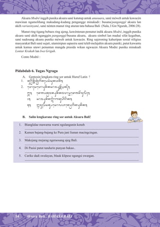 14 Aksara Bali BAHASA BALI
Aksara Modré inggih punika aksara sané katutup antuk anusuara, sané méweh antuk kawacén
mawinan ngamolihang makudang-kudang pengangge minakadi:: busana/panganggé aksara lan
akéh variasinyané, sané nénten manut ring aturan tata bahasa Bali (Nala, I Gst Ngurah, 2006:28).
Manut ring tigang bebaos ring ajeng, kawéntenan pematut indik aksara Modré, inggih punika
aksara sané akéh nganggén panganggé/busana aksara, aksara simbol lan madué sifat kegaiban,
sané nadosang aksara punika méweh antuk kawacén. Ring sajeroning kahuripan sosial réligius
masyarakat Bali sané sujati, utaminipun sapasira sané teleb melajahin aksara puniki, patut kawantu
antuk kamus utawi penuntun mangda prasida wikan ngwacen Aksara Modre punika minakadi
Lontar Krakah lan Iwa Griguh.
Conto Modré :
Pidabdab 6. Tugas Ngraga
A. Gentosin lengkara ring sor antuk Huruf Latin !
1. tujÙønÓøt*êg)n;ps(sukwtø.
2. ewo;sewopunøksomæunã)Ïk/.
3. ed]pkÉmnæunøkmwo[Õed]d)mulø;.
4. somæun*nZé¡*ÿbtuhørøk.
5. 2mu;pøsnuæesolhenpÉgønpunik.
B. Salin lengkarane ring sor antuk Aksara Bali!
1. Bianglalae mawarna warni ngulangunin keneh
...........................................................................................................................................................
2. Kamen bajang-bajang ke Pura jani liunan macingcingan.
...........................................................................................................................................................
3. Makejang mejarag ngeraosang ajeg Bali.
...........................................................................................................................................................
4. Di Pasisi patut tandurin punyan bakao..
...........................................................................................................................................................
5. Carike dadi swalayan, blauk klipese ngungsi swargan.
...........................................................................................................................................................
 