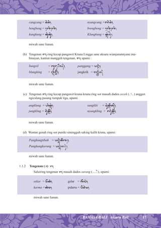 17BAHASA BALI Aksara Bali
cangcang = c*c*, nyangcang =z*c*,
bengbeng = eb*eb*, brengbeng = ebÉ*eb*,
kungkung = ku*ku*, Klungkung = kÞ¡*ku*,
miwah sane lianan.
(b) Tengenan , ring kecap pangawit Kruna Lingga sane aksara wianjanannyane ma-
binayan, kantun manggeh tengenan, , upami :
bungsil = buŠil«, panggang = pá*,
blungking = bÞ¡*Ð&, jangkrik = jÐÉik«
miwah sane lianan.
(c) Tengenan , ring kecap pangawit kruna-kruna ring sor mauah dados cecek (..,
...) anggen
ngicalang pasang tumpuk tiga, upami:
angklung = h*kÞ¡*, sungklit = su*kÞit/,
jungkling = ju*kÞ&, nyungkling = zu*kÞ&,
miwah sane lianan.
(d) Wastan genah ring sor puniki sinengguh saking kalih kruna, upami:
Pangkungtibah = pÐ¡*tib;,
Pangkungkarung = pÐ¡*kru*,
miwah sane lianan.
1.1.2 Tengenan ( r) r,
Saluiring tengenan r, mauah dados surang (.......(), upami:
sekar = s)k(, gelar = g)l(,
karma =k(m, pidarta = pid([,
miwah sane lianan.
 