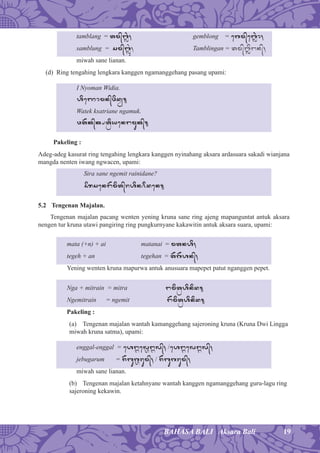 19BAHASA BALI Aksara Bali
tamblang = tm/bÞ*, gemblong = egm/ebÞ*o,
samblung = sm/bÞ¡*, Tamblingan = tm/bÞin/,
miwah sane lianan.
(d) Ring tengahing lengkara kanggen ngamanggehang pasang upami:
I Nyoman Widia.
hiezomn/widê.
Watek ksatriane ngamuk.
wt)k/k×tiÉyenmuk/.
Pakeling :
Adeg-adeg kasurat ring tengahing lengkara kanggen nyinahang aksara ardasuara sakadi wianjana
mangda nenten iwang ngwacen, upami:
Sira sane ngemit rainidane?
Sirsen)mit/rhinÀiden.
5.2 Tengenan Majalan.
Tengenan majalan pacang wenten yening kruna sane ring ajeng mapanguntat antuk aksara
nengen tur kruna utawi pangiring ring pungkurnyane kakawitin antuk aksara suara, upami:
mata (+n) + ai matanai = mtnhi,
tegeh + an tegehan = t)g)hn/,
Yening wenten kruna mapurwa antuk anusuara mapepet patut nganggen pepet.
Nga + mitrain = mitra mitÉhinid.
Ngemitrain = ngemit )mitÉhinid.
Pakeling :
(a) Tengenan majalan wantah kamanggehang sajeroning kruna (Kruna Dwi Lingga
miwah kruna satma), upami:
enggal-enggal = eháelÀál/, /eháelál/,
jebugarum = j)bugÀrum/, / j)bugrum/,
miwah sane lianan.
(b) Tengenan majalan ketahnyane wantah kanggen ngamanggehang guru-lagu ring
sajeroning kekawin.
 