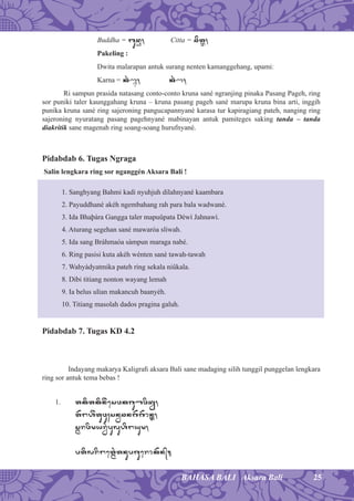 25BAHASA BALI Aksara Bali
Buddha = budÒ, Citta = citÓ,
Pakeling :
Dwita malarapan antuk surang nenten kamanggehang, upami:
Karna = k(xÃ, k(x,
Ri sampun prasida natasang conto-conto kruna sané ngranjing pinaka Pasang Pageh, ring
sor puniki taler kaunggahang kruna – kruna pasang pageh sané marupa kruna bina arti, inggih
punika kruna sané ring sajeroning pangucapannyané karasa tur kapiragiang pateh, nanging ring
sajeroning nyuratang pasang pagehnyané mabinayan antuk pamiteges saking tanda – tanda
diakritik sane magenah ring soang-soang hurufnyané.
Pidabdab 6. Tugas Ngraga
Salin lengkara ring sor nganggén Aksara Bali !
1. Sanghyang Bahmi kadi nyuhjuh dilahnyané kaambara
2. Payuddhané akéh ngembahang rah para bala wadwané.
3. Ida Bhaþàra Gangga taler mapuûpata Déwì Jahnawì.
4. Aturang segehan sané mawaróa sliwah.
5. Ida sang Bràhmaóa sàmpun maraga nabé.
6. Ring pasisi kuta akéh wénten sané tawah-tawah
7. Wahyàdyatmika pateh ring sekala niûkala.
8. Dibi titiang nonton wayang lemah
9. Ia belus ulian makancuh baanyéh.
10. Titiang masolah dados pragina galuh.
Pidabdab 7. Tugas KD 4.2
Indayang makarya Kaligraﬁ aksara Bali sane madaging silih tunggil punggelan lengkara
ring sor antuk tema bebas !
1. tkøtkøn&eswkguxwødê,
t)h&tuwu;snÙcng)g)onÓ,
sßrwø[yrÙ*puluhøyu[,
ptølrøetß*tnupguerok)n/.
 