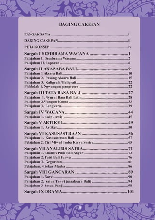 ii
DAGING CAKEPAN
PANGAKSAMA.....................................................................................i
DAGING CAKEPAN.............................................................................ii
PETA KONSEP......................................................................................iv
Sargah I SEMBRAMA WACANA ...................................1
Palajahan I. Sembrama Wacana .........................................................2
Palajahan II. Laporan ...........................................................................6
Sargah II AKASARA BALI..............................................9
Palajahan 1 Aksara Bali........................................................................10
Palajahan 2. Pasang Aksara Bali.........................................................15
Palajahan 3. Kaligraﬁ / Baligraﬁ.........................................................22
Pidabdab 1. Ngwangun pangresep .....................................................22
Sargah III TATA BASA BALI ..........................................27
Palajahan 1. Nyurat Basa Bali Latin...................................................28
Palajahan 2.Wangun Kruna .................................................................33
Palajahan 3. Lengkara..........................................................................39
Sargah IV WACANA.........................................................44
Palajahan 1. Awig - awig ......................................................................45
Sargah V ARTIKEL...........................................................49
Palajahan 1. Artikel ..............................................................................50
Sargah VI KASUSASTRAAN ..........................................56
Palajahan 1. Kasusastraan Bali...........................................................57
Pelajahan 2. Ciri Miwah Imba Karya Sastra......................................65
Sargah VII ANALISIS SATRA.........................................71
Palajahan 1. Analisis Puisi Bali Anyar ................................................72
Palajahan 2. Puisi Bali Purwa ..............................................................76
Palajahan 3. Geguritan ....................................................................................82
Pelajahan. 4 Sekar Madya ....................................................................86
Sargah VIII GANCARAN ................................................89
Palajahan 1. Novel .................................................................................90
Palajahan 2. Satua Tantri (maaksara Bali) ........................................94
Palajahan 3 Satua Panji .......................................................................98
Sargah IX DRAMA...........................................................101
 