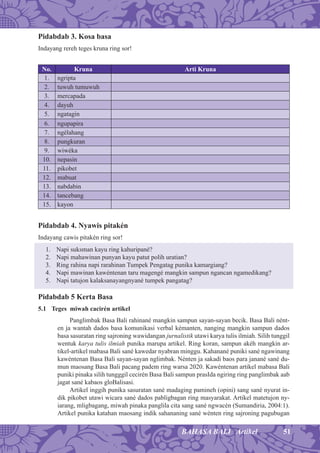 51BAHASA BALI Artikel
Pidabdab 3. Kosa basa
Indayang rereh teges kruna ring sor!
No. Kruna Arti Kruna
1. ngripta
2. tuwuh tumuwuh
3. mercapada
4. dayuh
5. ngatagin
6. ngupapira
7. ngélahang
8. pungkuran
9. wiwéka
10. nepasin
11. pikobet
12. mabuat
13. nabdabin
14. tancebang
15. kayon
Pidabdab 4. Nyawis pitakén
Indayang cawis pitakén ring sor!
1. Napi suksman kayu ring kahuripané?
2. Napi mahawinan punyan kayu patut polih uratian?
3. Ring rahina napi rarahinan Tumpek Pengatag punika kamargiang?
4. Napi mawinan kawéntenan taru magengé mangkin sampun ngancan ngamedikang?
5. Napi tatujon kalaksanayangnyané tumpek pangatag?
Pidabdab 5 Kerta Basa
5.1 Teges miwah cacirén artikel
Panglimbak Basa Bali rahinané mangkin sampun sayan-sayan becik. Basa Bali nént-
en ja wantah dados basa komunikasi verbal kémanten, nanging mangkin sampun dados
basa sasuratan ring sajroning wawidangan jurnalistik utawi karya tulis ilmiah. Silih tunggil
wentuk karya tulis ilmiah punika marupa artikel. Ring koran, sampun akéh mangkin ar-
tikel-artikel mabasa Bali sané kawedar nyabran minggu. Kahanané puniki sané ngawinang
kawéntenan Basa Bali sayan-sayan nglimbak. Nénten ja sakadi baos para janané sané du-
mun maosang Basa Bali pacang padem ring warsa 2020. Kawéntenan artikel mabasa Bali
puniki pinaka silih tungggil cecirén Basa Bali sampun prasIda ngiring ring panglimbak aab
jagat sané kabaos gloBalisasi.
Artikel inggih punika sasuratan sané madaging pamineh (opini) sang sané nyurat in-
dik pikobet utawi wicara sané dados pabligbagan ring masyarakat. Artikel matetujon ny-
iarang, mligbagang, miwah pinaka panglila cita sang sané ngwacén (Sumandiria, 2004:1).
Artikel punika katahan maosang indik sahananing sané wénten ring sajroning pagubugan
 