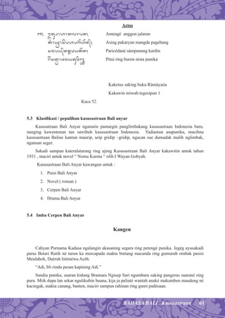 61BAHASA BALI Kasusastraan
Artos
1, útuæohotlrpn, Antengé anggon jalaran
k(oyêos&phpg)h)n/, Asing pakaryan mangda pagehang
smpy/tnáwyk)n, Paricédané sàmpunang kardin
r&stÙoamytuwø> Pitui ring buron nista punika
Kaketus saking buku Ràmàyaóa
Kakawin miwah tegesipun 1
Kaca 52.
5.3 Klasiﬁkasi / pepalihan kasusastraan Bali anyar
Kasusatraan Bali Anyar nganutin pamargin panglimbakang kasusastraan Indonesia baru.
nanging kawentenan tan sawibuh kasusastraan Indonesia. Yadiastun asapunika, macihna
kasusastraan Baline kantun maurip, urip gridip –gridip, ngacan sue dumadak malih nglimbak,
ngansan seger.
Sakadi sampun kateralatarang ring ajeng Kasusastraan Bali Anyar kakawitin antuk tahun
1931 , maciri antuk novel “ Nemu Karma “ olih I Wayan Gobyah.
Kasusastraan Bali Anyar kawangun antuk :
1. Puisi Bali Anyar
2. Novel ( roman )
3. Cerpen Bali Anyar
4. Drama Bali Anyar
5.4 Imba Cerpen Bali Anyar
Kangen
Cahyan Purnama Kadasa ngalangin akasaning segara ring petengé punika. Jegég ayusakadi
paras Betari Ratih né turun ka mercapada makta bintang macanda ring gumuruh ombak pasisi
Meulaboh, Daérah Istiméwa Acéh.
“Adi, bli rindu pesan kapining Adi.”
Sandia punika, suaran kidung Bramara Ngisep Sari ngumbara saking pangeras suarané ring
pura. Miik dupa lan sekar ngulikubin buana, kija ja paliaté wantah anaké makamben maudeng né
kacingak, makta canang, banten, maciri sampun rahinan ring gumi padésaan.
 