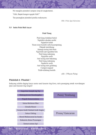 64 Kasusastraan BAHASA BALI
Né mangkin pianakné sampun sirep di sangkolanné.
“Gék, Bapak kangen ngajak Gék!”
Tan pasangkan pianakné punika makenyem.
Olih: I Putu Agus Sutrarama
5.5 Imba Puisi Bali Anyar
Paid Tiang
Paid tiang tindakan batisé
Ngalahin ukudan sasihé
Ngipekin kalah
Sisan-sisan kenehé suba kacamputang
Pakpak katelahang
Apanga tusing taén buin
Ngurimik ipit ngumbar kita
Paid tiang makejang
Ngejohin sasih
Ané tusing taén bakatang
Paid tiang makejang
Nguberin sasih
Ané tusing taén gelahang
Camput mapaid
Telah-telahang kauluh.
olih : I Wayan Paing
Pidabdab 6 Pituduh !
Indayang selehin daging karya sastra sané kasurat ring kiwa, raris pasangang antuk wewidangan
ipun sané kasurat ring tengen!
Puisi/ Tembang
Prosa/ Gancaran
Geguritan Sampik Ing Tay
Kidung Jerum Kundangdya
Pupuh Semarandana
Satua Ketimun Mas
Ginada Basur
Cerpen Gedé Ombak Gedé Angin
Satua I Belog
Novel Malancaran ka Sasak
Kakawin Atma Prasangsa
Semut-semut Api
 