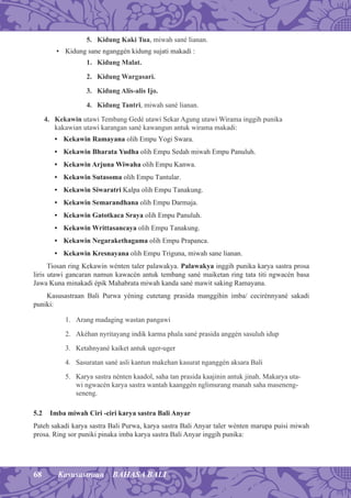68 Kasusastraan BAHASA BALI
5. Kidung Kaki Tua, miwah sané lianan.
• Kidung sane nganggén kidung sujati makadi :
1. Kidung Malat.
2. Kidung Wargasari.
3. Kidung Alis-alis Ijo.
4. Kidung Tantri, miwah sané lianan.
4. Kekawin utawi Tembang Gedé utawi Sekar Agung utawi Wirama inggih punika
kakawian utawi karangan sané kawangun antuk wirama makadi:
• Kekawin Ramayana olih Empu Yogi Swara.
• Kekawin Bharata Yudha olih Empu Sedah miwah Empu Panuluh.
• Kekawin Arjuna Wiwaha olih Empu Kanwa.
• Kekawin Sutasoma olih Empu Tantular.
• Kekawin Siwaratri Kalpa olih Empu Tanakung.
• Kekawin Semarandhana olih Empu Darmaja.
• Kekawin Gatotkaca Sraya olih Empu Panuluh.
• Kekawin Writtasancaya olih Empu Tanakung.
• Kekawin Negarakethagama olih Empu Prapanca.
• Kekawin Kresnayana olih Empu Triguna, miwah sane lianan.
Tiosan ring Kekawin wénten taler palawakya. Palawakya inggih punika karya sastra prosa
liris utawi gancaran namun kawacén antuk tembang sané maiketan ring tata titi ngwacén basa
Jawa Kuna minakadi épik Mahabrata miwah kanda sané mawit saking Ramayana.
Kasusastraan Bali Purwa yéning cutetang prasida manggihin imba/ cecirénnyané sakadi
puniki:
1. Arang madaging wastan pangawi
2. Akéhan nyritayang indik karma phala sané prasida anggén sasuluh idup
3. Ketahnyané kaiket antuk uger-uger
4. Sasuratan sané asli kantun makehan kasurat nganggén aksara Bali
5. Karya sastra nénten kaadol, saha tan prasida kaajinin antuk jinah. Makarya uta-
wi ngwacén karya sastra wantah kaanggén nglimurang manah saha maseneng-
seneng.
5.2 Imba miwah Ciri -ciri karya sastra Bali Anyar
Pateh sakadi karya sastra Bali Purwa, karya sastra Bali Anyar taler wénten marupa puisi miwah
prosa. Ring sor puniki pinaka imba karya sastra Bali Anyar inggih punika:
 
