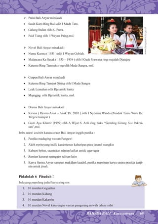 69BAHASA BALI Kasusastraan
 Puisi Bali Anyar minakadi
• Sasih Karo Ring Bali olih I Made Taro.
• Galang Bulan olih K. Putra.
• Paid Tiang olih I Wayan Paing,msl.
 Novel Bali Anyar minakadi :
• Nemu Karma ( 1931 ) olih I Wayan Gobiah.
• Malancara Ka Sasak ( 1935 – 1939 ) olih I Gede Srawana ring majalah Djatajoe
• Katemu Ring Tampaksiring olih Made Sangra, msl.
 Cerpen Bali Anyar minakadi
• Ketemu Ring Tampak Siring olih I Made Sangra
• Leak Lemahan olih Djelantik Santa
• Majogjag olih Djelantik Santa, msl.
 Drama Bali Anyar minakadi
• Kirana ( Drama Anak – Anak Th. 2005 ) olih I Nyoman Wanda (Pondok Temu Wutu Br.
Treges Gianyar )
• Gusti Ayu Klantir (1999) olih A Wijat S. Ardi ring buku “Gending Girang Sisi Pakeri-
san”,msl.
Imba utawi cecirén kasusastraan Bali Anyar inggih punika :
1. Pastika madaging wastan Pangawi
2. Akéh nyritayang indik kawéntenan kahuripan para janané mangkin
3. Kabaos bebas, saantukan nénten kaiket antuk uger-uger
4. Samian kasurat nganggén tulisan latin
5. Karya Sastra Anyar sampun makéhan kaadol, punika mawinan karya sastra prasida kaaji-
nin antuk jinah.
Pidabdab 6 Pituduh !
Indayang pupulang judul karya ring sor:
1. 10 murdan Geguritan
2. 10 murdan Kidung
3. 10 murdan Kakawin
4. 10 murdan Novel kasarengin wastan pangarang miwah tahun terbit
www.denpasarkota.go.id
 