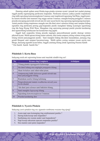 3BAHASA BALI Sembrama Wacana
Duaning sakadi ajahan umat Hindu,iraga pinaka reraman nyané i pianak kari madué piutang
inggih punika ngamargiang parikrama mapandes. Parikrama manusa yadnya puniki mapaiketan
ring indik ngicalang kamomoangkaran I manusa sané mapikenoh ngaonang Sad Ripu, inggih puni-
ka nenem meséhé sané mamurti ring angga sariran I manusa. mangda benjang punggkur i manusa
prasida nincapang parisolah miwah tata titi sané sayan becik ring sajroning ngamargiang kauripan.
Antuk punika titiang mapinunas mangda ratu Ida dané utawi sameton titiang sané sampun ledang
ngrauhin ring parikrama potong gigi/mapandes puniki mangdané lédang nyarengin ngastitiang
ring Ida Sang Hyang Widi Wasa. Mangdane ring sajeroning pamargi puniki prasida kasidaning
don ngamolihang karahayuan lan kasukertan ring jagaté.
Inggih kadi asapunika titiang prasida nagingin panyembramané puniki dumogi wénten
pikenoh nyané. Malih apisan titiang matur suksma, taler nunas ampura yéning wénten iwang antuk
titiang nitenin panyanggrané puniki. Sané mangkin lédang Ida-dané masandekan, jumujug ring
genah bhogané sané sampun kacumawisang. Malih ajebos yening sampun wusan anyita rasa
bhoga, durusang ngambil acara bebas. Inggih cutetang titiang antuk ngaturang Parama Santih
“ Om Santih Santih Santih Om “
Pidabdab 3. Kerta Basa
Indayang rereh arti sajeroning kruna sané macétak séndéh ring sor!
No Kruna ring Lengkara Artinipun
1 Titiang pinaka ngangganin kulawarga
2 Ida dané ledang arsa nagingin pangaptin titiang
3 Muat bebaktan sané rahat-rahat pisan.
4 Ampurayang indik kakaonan genah miwah tata
basa panyanggran titiang
5 Riantukan tambet titiang kalintang
6 Pangwalesnyané manut swadharma miwah yasa
kertin druéné
7 Ida dané para uleman sané baktinin titiang,
8 Sané mangkin lugrayang titiang
9 Ngicalang kamomoangkaran I manusa
10 Prasida kasidaning don
Pidabdab 4. Nyawis Pitakén
Indayang cawis pitakén ring sor, nganutin sembrama wacana ring ajeng!
1. Acara napi sane kemarging ring sembramamé punika ?
2. Sareng kuda kocap sané mapandes?
3. Sambatang sira wastan anaké sané kapandesin?
4. Napi kocap sukseman upacara mapandes punika?
5. Sira manten sané patut mapandes?
 