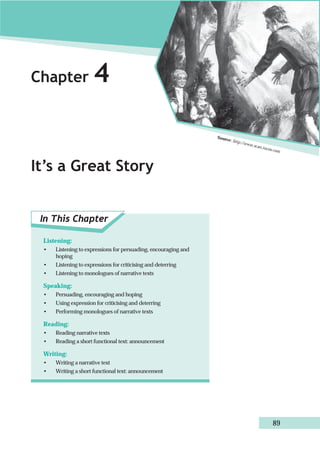 Chapter 4 
It’s a Great Story 
In This Chapter 
Source: http://www.scan.tucoo.com 
89 
Listening: 
• Listening to expressions for persuading, encouraging and 
hoping 
• Listening to expressions for criticising and deterring 
• Listening to monologues of narrative texts 
Speaking: 
• Persuading, encouraging and hoping 
• Using expression for criticising and deterring 
• Performing monologues of narrative texts 
Reading: 
• Reading narrative texts 
• Reading a short functional text: announcement 
Writing: 
• Writing a narrative text 
• Writing a short functional text: announcement 
 