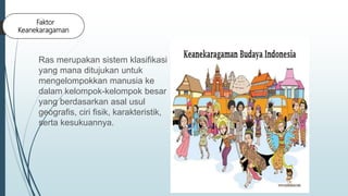 Faktor
Keanekaragaman
Ras merupakan sistem klasifikasi
yang mana ditujukan untuk
mengelompokkan manusia ke
dalam kelompok-kelompok besar
yang berdasarkan asal usul
geografis, ciri fisik, karakteristik,
serta kesukuannya.
 