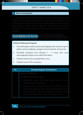 Buku Guru Kelas X SMA/MA/SMK/MAK
92
E. Materi Pembelajaran
	 Suatu proses pembelajaran akan berjalan dengan efektif jika guru sudah
mengenali karakteristik peserta belajarnya. Adapun proses pembelajaran yang
dirancangpadabukuguruinihanyapertimbanganbagiguruuntukmerancang
kegiatan belajar mengajar yang sesungguhnya. Oleh karena itu, diharapkan
guru lebih giat dan kreatif lagi dalam mempersiapkan semua perangkat belajar
mengajar.
Membelajarkan 4.1 dan 4.2
Ukuran Sudut dan Perbandingan
Trigonometri pada Segitiga Siku-Siku
Sebelum Pelaksanaan Kegiatan
1.	 Siswa diharapkan sudah membawa perlengkapan alat-alat tulis, seperti
pulpen, pensil, penghapus, penggaris, kertas berpetak, dan lain-lain.
2.	 Bentuklah kelompok kecil sebanyak 2 – 3 orang siswa yang
memungkinkan belajar secara efektif dan efisien.
3.	 Sediakan lembar kerja yang diperlukan siswa.
4.	 Sediakan kertas HVS secukupnya.
No. Petunjuk Kegiatan Pembelajaran
1. Kegiatan Pendahuluan
Pada kegiatan pendahuluan guru
a)	 menyiapkan peserta didik secara psikis dan fisik untuk
mengikuti proses pembelajaran;
b)	 memberi motivasi belajar siswa secara kontekstual sesuai
manfaat dan aplikasi konversi sudut dan perbandingan sudut
dalam kehidupan sehari-hari, dengan memberikan contoh
dan perbandingan lokal, nasional, dan internasional;
DRAFT 7 MARET 2016
 