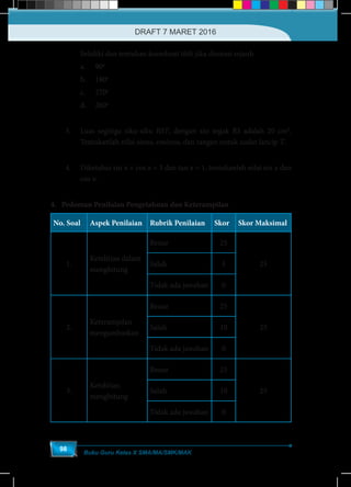 Buku Guru Kelas X SMA/MA/SMK/MAK
98
	 Selidiki dan tentukan koordinat titik jika dirotasi sejauh
	 a.	90o
	
	 b.	180o
	
	 c.	270o
	
	 d.	260o
	
3.	 Luas segitiga siku-siku RST, dengan sisi tegak RS adalah 20 cm2
.
Tentukanlah nilai sinus, cosinus, dan tangen untuk sudut lancip T.
4.	 Diketahui sin x + cos x = 3 dan tan x = 1, tentukanlah nilai sin x dan
cos x.
4. Pedoman Penilaian Pengetahuan dan Keterampilan
No. Soal Aspek Penilaian Rubrik Penilaian Skor Skor Maksimal
1.
Ketelitian dalam
menghitung
Benar 25
25Salah 5
Tidak ada jawaban 0
2.
Keterampilan
mengambarkan
Benar 25
25Salah 10
Tidak ada jawaban 0
3.
Ketelitian
menghitung
Benar 25
25Salah 10
Tidak ada jawaban 0
DRAFT 7 MARET 2016
 