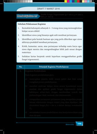 Matematika
119
Membelajarkan 4.7
Grafik Fungsi Trigonometri (y = sin x, y = cos x,
dan y = tan x)
Sebelum Pelaksanaan Kegiatan
1.	 Bentuklah kelompok sebanyak 4 – 5 orang siswa yang memungkinkan
belajar secara efektif.
2.	 Identifikasi siswa yang biasanya agak sulit membuat pertanyaan.
3.	 Identifikasi pula bentuk bantuan apa yang perlu diberikan agar siswa
akhirnya produktif membuat pertanyaan.
4.	 Kritik, komentar, saran, atau pertanyaan terhadap suatu karya agar
siswa dapat meniru dan mengembangkan lebih jauh sesuai dengan
materinya.
5.	 Sediakan kertas berpetak untuk keperluan menggambarkan grafik
fungsi trigonometri.
No. Petunjuk Kegiatan Pembelajaran
1. Kegiatan Pendahuluan
Pada kegiatan pendahuluan guru
a)	 menyiapkan peserta didik secara psikis dan fisik untuk
mengikuti proses pembelajaran;
b)	 memberi motivasi belajar siswa secara kontekstual sesuai
manfaat dan aplikasi grafik fungsi trigonometri dalam
kehidupan sehari-hari, dengan memberikan contoh dan
perbandingan lokal, nasional, dan internasional;
c)	 mengajukan pertanyaan-pertanyaan yang mengaitkan penge-
tahuan sebelumnya dengan materi yang akan dipelajari, jika
dinyatakan fungsi f(x) = sin x, x dalam derajat, tentukanlah
Df
;
d)	 menjelaskan tujuan pembelajaran atau kompetensi dasar yang
akan dicapai;
DRAFT 7 MARET 2016
 