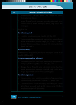 Buku Guru Kelas X SMA/MA/SMK/MAK
120
No. Petunjuk Kegiatan Pembelajaran
e)	 menyampaikan cakupan materi dan penjelasan uraian
kegiatan sesuai silabus;
f)	 sesuai dengan banyak masalah yang akan dicermati, siswa
dikoordinasikan dalam kelompok belajar yang efektif dan
heterogen.
2. Kegiatan Inti
Ayo kita mengamati
a)	 Arahkan untuk mencermati Masalah 4.12 dan 4.13.
b)	 Guru mengarahkan siswa untuk menerapkan konsep fungsi
dalam menunjukkan bahwa fungsi f(x) = sin x, x dalam
derajat, dalam menentukan pasangan titik-titik yang dilalui
fungsi f(x) = sin x.
Ayo kita menanya
Arahkan siswa mengajukan pertanyaan-pertanyaan untuk setiap
Masalah 4.12 dan 4.13.
Ayo kita mengumpulkan informasi
a)	 Guru mengkoordinir siswa untuk menemukan pasangan titik-
titik yang dilalui fungsi f(x) = cos x dan f(x) = tan x.
b)	 Dengan kertas berpetak atau sejenisnya, siswa diarahkan
untuk menempatkan pasangan titik-titik yang dilalui setiap
fungsi trigonometri (sinus, cosinus, dan tangen).
Ayo kita mengasosiasi
a)	 Guru meminta siswa untuk menemukan berbagai penjelasan
informasi yang disajikan pada Gambar 4.47 hingga 4.50.
b)	 Guru menjelaskan istilah-istilah yang dikenakan pada konsep
gelombang, termasuk pada grafik trigonometri. Misalnya,
amplitudo dan periode gelombang.
DRAFT 7 MARET 2016
 
