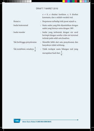 Buku Guru Kelas X SMA/MA/SMK/MAK
154
a ≠ 0, a disebut koefisien x, b disebut
konstanta, dan x adalah variabel real.
Rotasi a 	 :	 Perputaran terhadap titik pusat sejauh a.
Sudut koterminal	 :	 Suatu sudut yang bila dijumlahkan dengan
sudut yang lainnya sama dengan 180o
.
Sudut standar	 :	Sudut yang terbentuk dengan sisi awal
berimpit dengan sumbu x dan sisi terminal
terletak pada salah satu kuadran.
Tak berhingga penyelesaian	 :	 Memiliki lebih dari satu penyelesaian dan
banyaknya tidak terhitung.
Tak terdefinisi, misalnya
1
0
	 :	 Tidak terdapat suatu bilangan real yang
		 merupakan hasil dari
1
0
.
Buku Guru Kelas X SMA/MA/SMK/MAK
154
DRAFT 7 MARET 2016
 