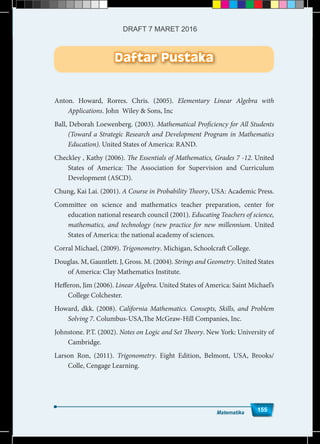 Matematika
155
Daftar Pustaka
Anton. Howard, Rorres. Chris. (2005). Elementary Linear Algebra with
Applications. John Wiley & Sons, Inc
Ball, Deborah Loewenberg. (2003). Mathematical Proficiency for All Students
(Toward a Strategic Research and Development Program in Mathematics
Education). United States of America: RAND.
Checkley , Kathy (2006). The Essentials of Mathematics, Grades 7 -12. United
States of America: The Association for Supervision and Curriculum
Development (ASCD).
Chung, Kai Lai. (2001). A Course in Probability Theory, USA: Academic Press.
Committee on science and mathematics teacher preparation, center for
education national research council (2001). Educating Teachers of science,
mathematics, and technology (new practice for new millennium. United
States of America: the national academy of sciences.
Corral Michael, (2009). Trigonometry. Michigan, Schoolcraft College.
Douglas. M, Gauntlett. J, Gross. M. (2004). Strings and Geometry. United States
of America: Clay Mathematics Institute.
Hefferon, Jim (2006). Linear Algebra. United States of America: Saint Michael’s
College Colchester.
Howard, dkk. (2008). California Mathematics. Consepts, Skills, and Problem
Solving 7. Columbus-USA,The McGraw-Hill Companies, Inc.
Johnstone. P.T. (2002). Notes on Logic and Set Theory. New York: University of
Cambridge.
Larson Ron, (2011). Trigonometry. Eight Edition, Belmont, USA, Brooks/
Colle, Cengage Learning.
Matematika
155
DRAFT 7 MARET 2016
 